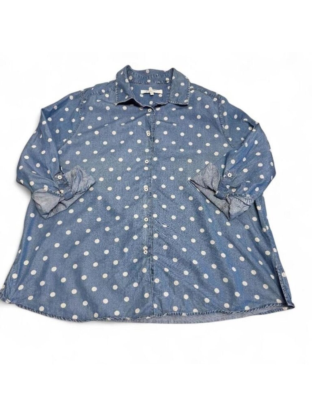 Foxcroft Polka Dot Denim Button Up Shirt Women's Plus 16 Preppy Spring Casual